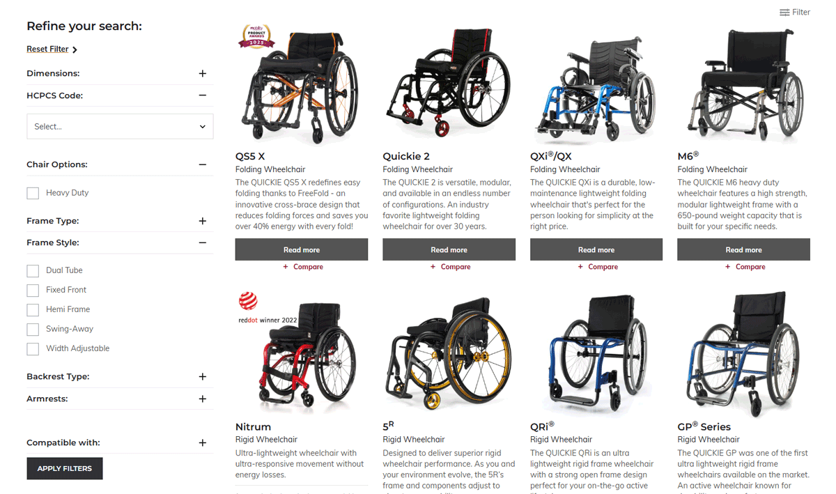 Screenshot of Sunrise Medical website showing filter functionality