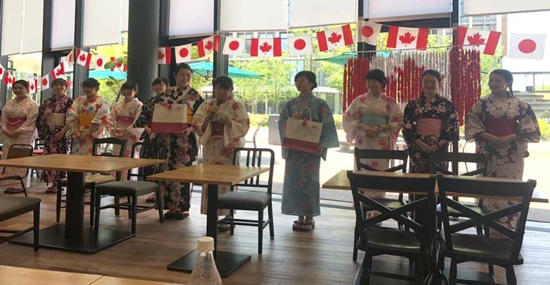 Japanese women wearing traditional kimonos